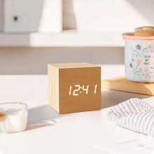Wooden Alarm Clock with Four Brightness Levels, Date and Temperature Display, Modern Bedside Clock