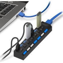 USB 3.0 7-Port Active Hub Adapter with Individual Power Switches, 5Gbps Data Transfer, LED Indicators and Power Port