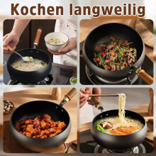 24cm Cast Iron Frying Pan, Hand-Forged Deep Skillet with Wooden Handle, Uncoated, Suitable for Induction Cooking