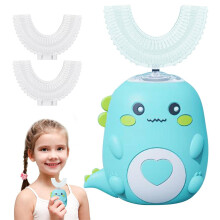Electric U-Shaped Kids Toothbrush, 3 Speed Settings, Little Dinosaur Green, Quiet, for Ages 6 to 12