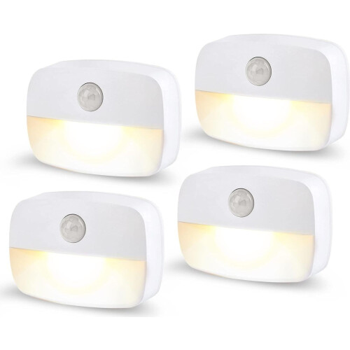 LED Night Light with Motion Sensor, 4 Pack Warm White Battery Operated Lights, 2 Modes, Auto On Off Sensor Light for Hal