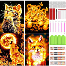 Set per pittura con diamanti, 4 disegni di animali con gatto, tigre, volpe e lupo, kit completo, 30 x 40 cm