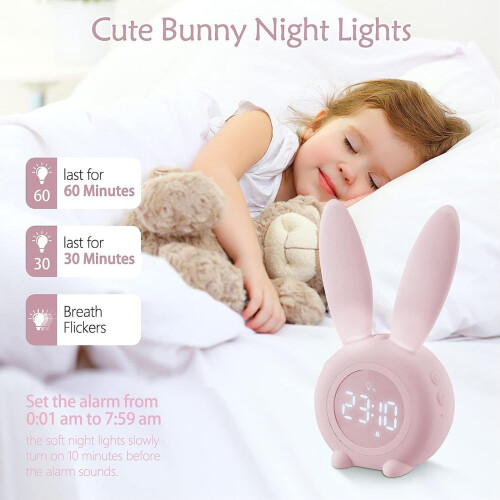 Réveil lapin mignon avec veilleuse, fonction snooze, réveil programmé, format 12/24 heures 1