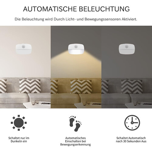 LED Night Light with Motion Sensor, 4 Pack Warm White Battery Operated Lights, 2 Modes, Auto On Off Sensor Light for Hal 2