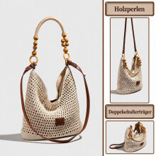 Women's Boho Straw Beach Bag, Crocheted Cotton Knit Tote Bag (Shoulder Bag, Crossbody Bag, Summer, Beach, 1-Piece, Casual Large Crochet Bag
