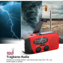 Solarbetriebenes Notfallradio mit LED-Taschenlampe, AM/FM-Wetterradio, 2000-mAh-Akku, Handkurbelgenerator und Smartphone-Powerbank