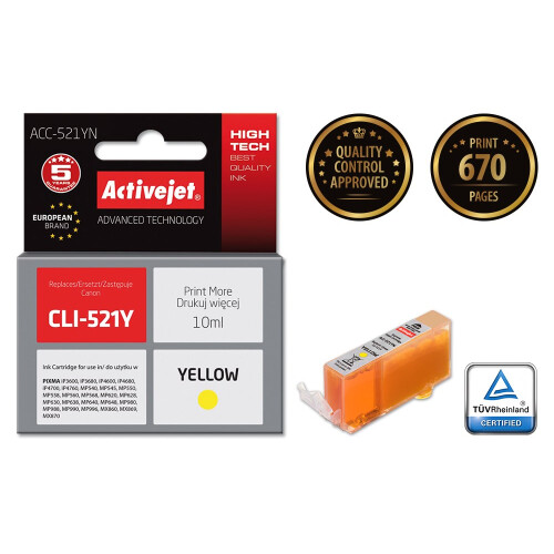 Activejet ACC-521YN Ink (replacement for Canon CLI-521Y; Supreme; 10 ml; yellow) 1