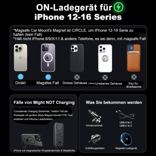 MagSafe Car Phone Mount with Charging Function, Dashboard, Vent and Windshield Holder, Compatible with iPhone 16, 15, 14 1