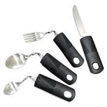Ergonomic 4 Piece Parkinson's Utensil Set, Flexible Non Slip Grip Stainless Steel Cutlery for Seniors and Arthritis