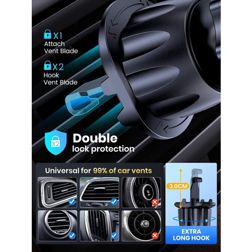 Car Phone Holder with Hook Clip, 360 Degree Rotating Vent Mount, Secure and Adjustable 1