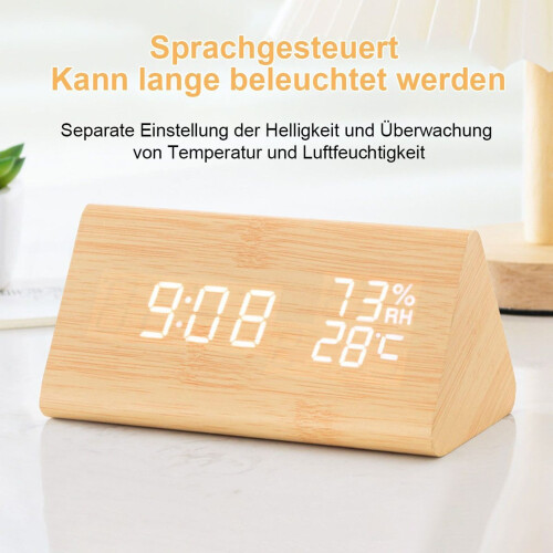 Wooden Alarm Clock with Voice Control, Humidity and Temperature Display, Date Function, Modern Desk Clock 2