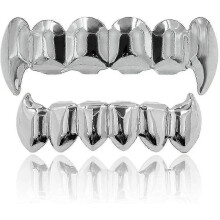 (Silver grillz) 18k Gold Silver Plated Hip Hop Vampire Fangs Top Bottom Teeth