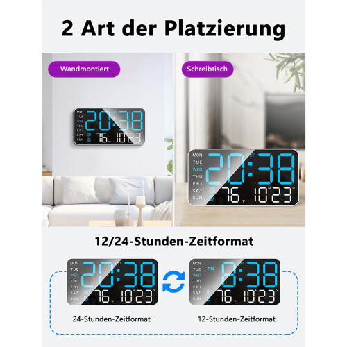 Relógio de parede digital grande de 24 cm (9,5 polegadas), despertador LED com números grandes, data, temperatura, horário de verão e 5 níve 1