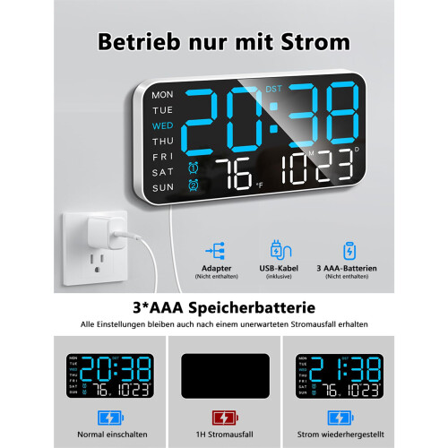Relógio de parede digital grande de 24 cm (9,5 polegadas), despertador LED com números grandes, data, temperatura, horário de verão e 5 níve 2
