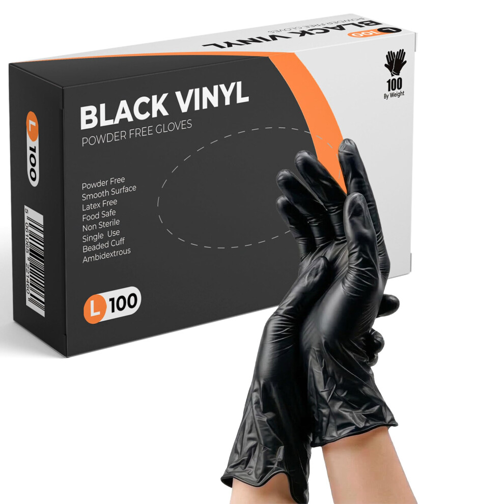 Praima Black Vinyl Gloves, 100 Count, Powder Free & Latex Free, Multi-Purpose Bl 5061065221460