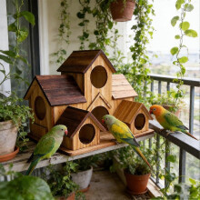 Wooden Bird House for Outdoor Garden Decor, 5-Hole Hanging Nesting Box for Bluebirds, Finches, Wrens, Chickadees, Hummingbirds - 9.8 x 7.5 x 6.3