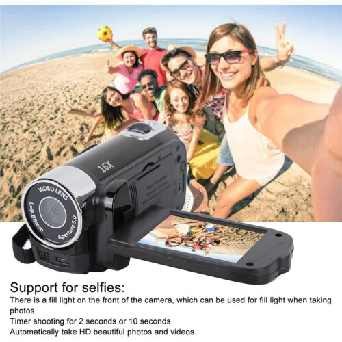 Câmera de Vídeo Portátil, Câmera DV de 1080P 16MP com Zoom Digital de 16x, Tela Rotativa TFT de 2,7 Polegadas e Cabo USB 2