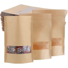60 Pack Kraft Paper Food Bags Reusable Food Storage Bags Zipper Brown Paper Food Packaging Bags with Clear Window,12 x 20cm