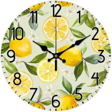 12 Inch Silent Non-Ticking Round Wooden Lemon Fruit Wall Clock for Living Room Kitchen Bedroom Office Farmhouse Decor Compatible with Various Brands