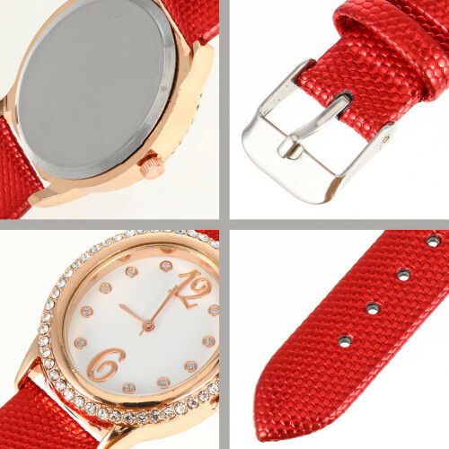 1Modieuze Dames Quartz Met En Rood Lederen Band 2
