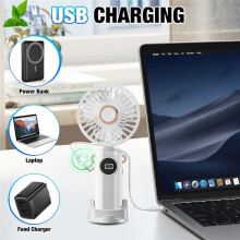 Mini ventilador portátil recarregável, ventilador pessoal USB com 5 velocidades, bateria de 1200mAh, visor LED e design dobrável para mesa.