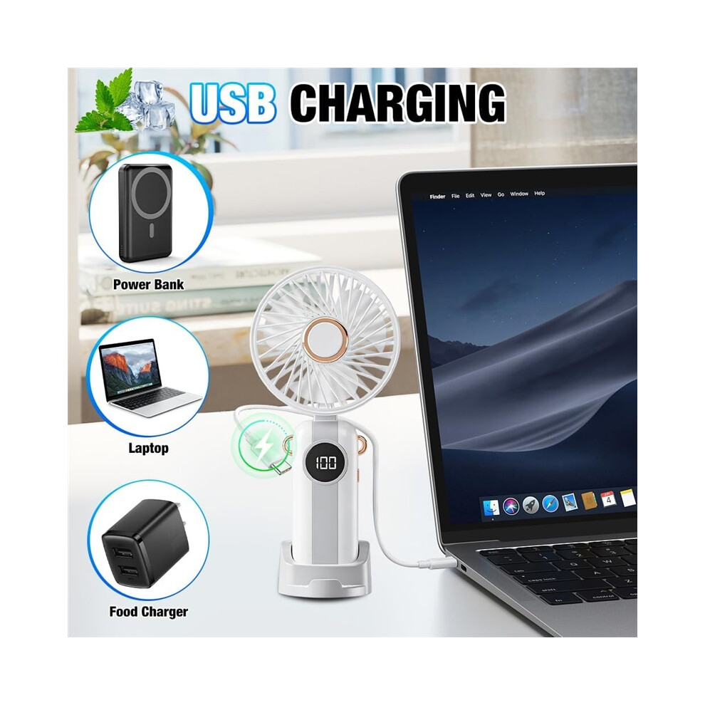 Rechargeable Handheld Mini Fan, Portable Usb Personal Fan With 5 Speeds, 1200Mah Battery, Foldable Desktop Fan With Led Display 8581903986148