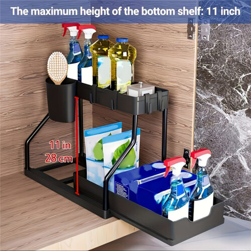 Space Saving 2 Tier Pull Out Storage Box Durable Large Capacity Kitchen Bathroom Essential Drawer Organizer Black 2