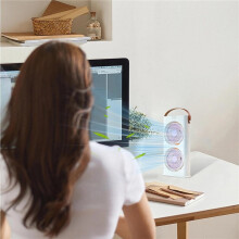 Ventilador de mesa portátil com duas cabeças, recarregável via USB-C, 3 velocidades ajustáveis, ideal para casa, viagens, quarto e camping.