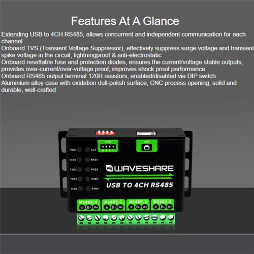 Waveshare USB to 4Ch RS485 Converter Industrial Grade Universal Serial Communication Multi Protection Circuits 1