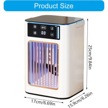 Refrigerador de ar portátil recarregável via USB, reservatório de 900ml, ventilador de mesa com luz ambiente e bolsa de gelo inclusa.