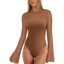REORIA Damen Body Ausgehen Glockenärmel Elegant Vintage Braun L — elegante damenbodys, glockenärmel body