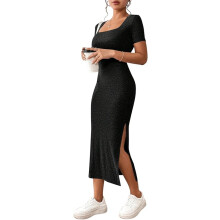 GORGLITTER Elegant Midi Dress with Short Sleeve and Side Slit Black S — black midi dress, elegant slit dress