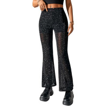 GORGLITTER Women’s Party Trousers Glittery Sheer Black M — women's glitter pants, black high waisted pants