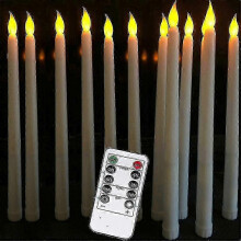Set van 10 LED-kaarsen op batterijen met afstandsbediening, gladde ivoorkleurige wasafwerking, warm wit licht