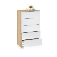Cómoda de 5 cajones formato vertical en blanco mate y roble canadian 60x110 cm Akari