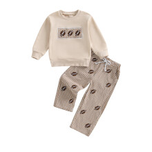 (3-4 Years, Khaki) Toddler Baby Fall Outfit Rugby Embroidered Crew Neck Long Sleeve Sweatshirt and Plaid Pants 2 Pcs Set