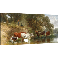 Cuadro en Lienzo con Marco de Madera Ganado junto al Río Moderno 50 x 100 cm — decoración pared salón