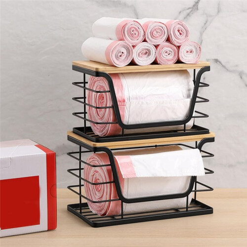 2 Pack Storage Stackable Kitchen Laundry Organizers with Bamboo Top, Wall Mount Large Trash Bag Holder and Standard 1