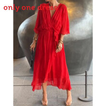 (Red, M) Maxi Summer Elegant Dress With Vneck And Batwing Sleeves Casual For Wear