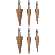 6Pc Hss Step Cone Taper Drill Bit Set Metal Hole Cutter Metric 3-12 4-12 4-20mm 1/4 Inch Titanium Coated Metal Hex Taper