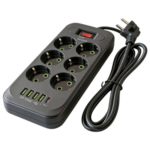 11 in 1 EU Plug Power Strip Surge Protector Master  2500W 2M Cable with 6 AC Outlets 4 USB 1 Type-C 1