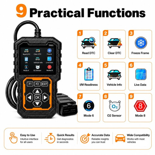 V601 OBD2 Scanner Diagnosetool Motorfehlercode-Leser & Code-Löscher mit Live-Datenstream O2-Sensortest 2