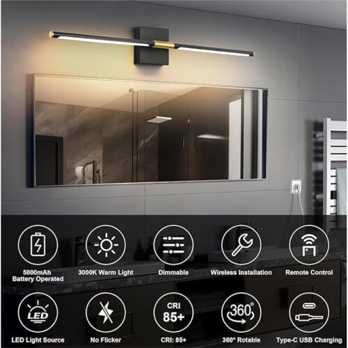 Wall Sconces with Remote Control, Touch-Control Dimmable Wall Sconces, No-Installation-Required Mirror Lights