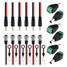 6 Set 5.5x2.1MM Metall Ström Kvinnlig Kontakt med Vattentät Lock och Manlig Pigtail Lödadapter för CCTV, Ljudvideo och DIY