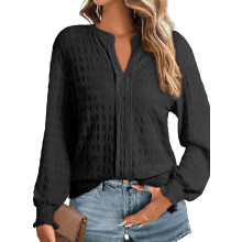 Blusa elegante para mujer con cuello V, manga larga, casual, cómoda, negra, XXL — camisa mujer oficina