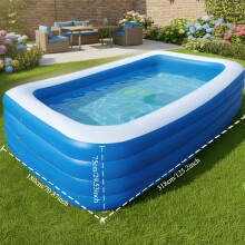 (D) Large Blue And White Minimalist Inflatable Swimming Pool Made Of Durable Thickened PVC For Outdoor Summer Parties, Folded For