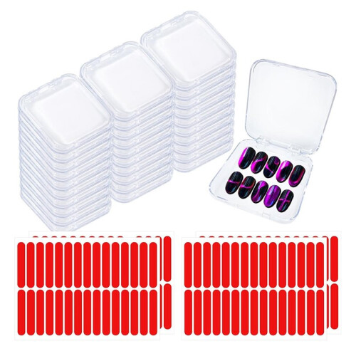 Press  Nail Box,30 Sets Display Case Artificial Nail Display Storage Box with 60 Pcs Adhesive Double Sided Tape