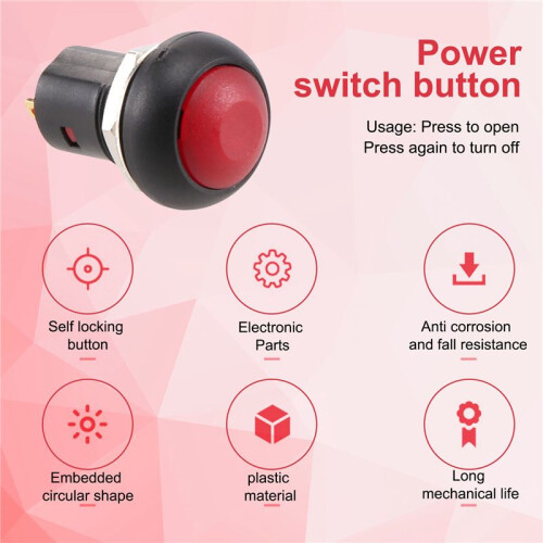 -Off Latching Waterproof 12mm Push Button  SPST 2A IP67, Red 1