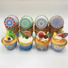 (color04) 50pcs Bohemian patterned Middle East single sided gold Mafen cup with rolled mouth, heat-resistant and thickened cake cup