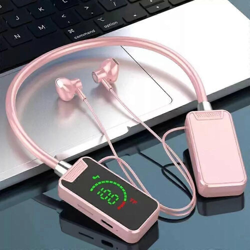 (pink) Waterproof Wireless Neckband Bluetooth Headphones with Display